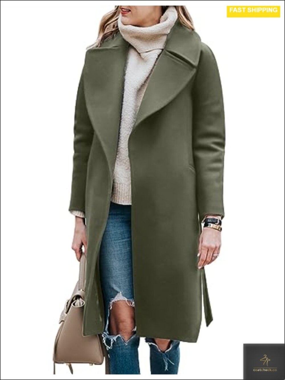 Wool Blend Peacoat Trench Coat w/ Belt Winter Long Jacket